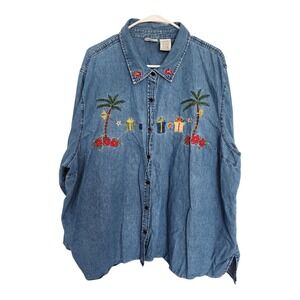 White‎ Stag Plus Size Denim Embroidered Holiday Christmas Palm Tree Button Down